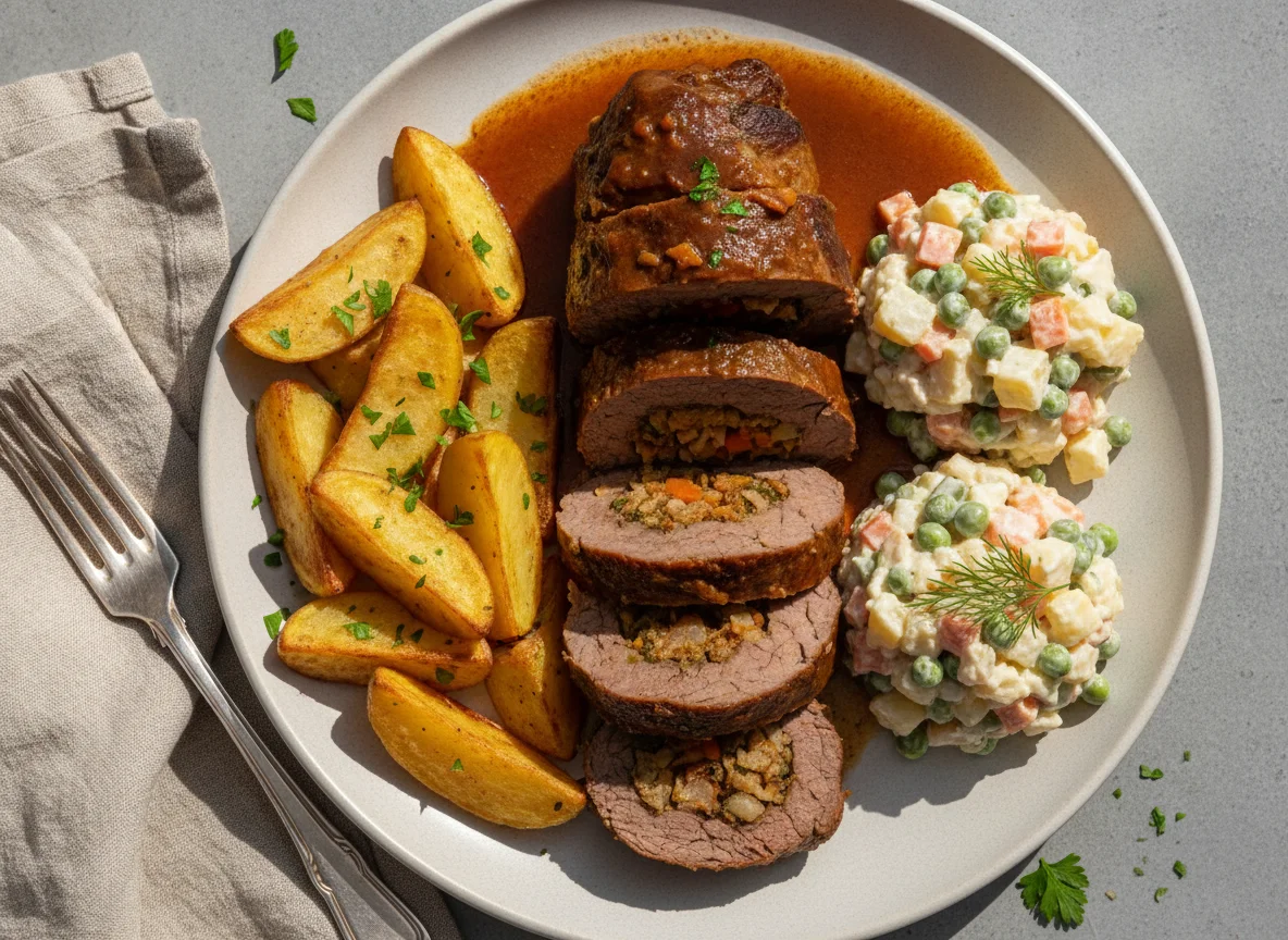 Carne rellena con papas y ensalada rusa photo