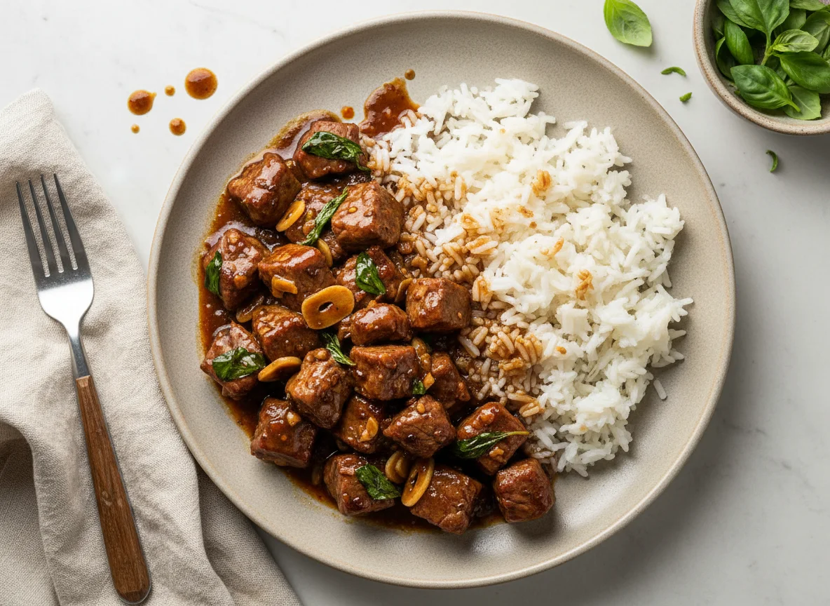 Carne salteada con albahaca y arroz photo