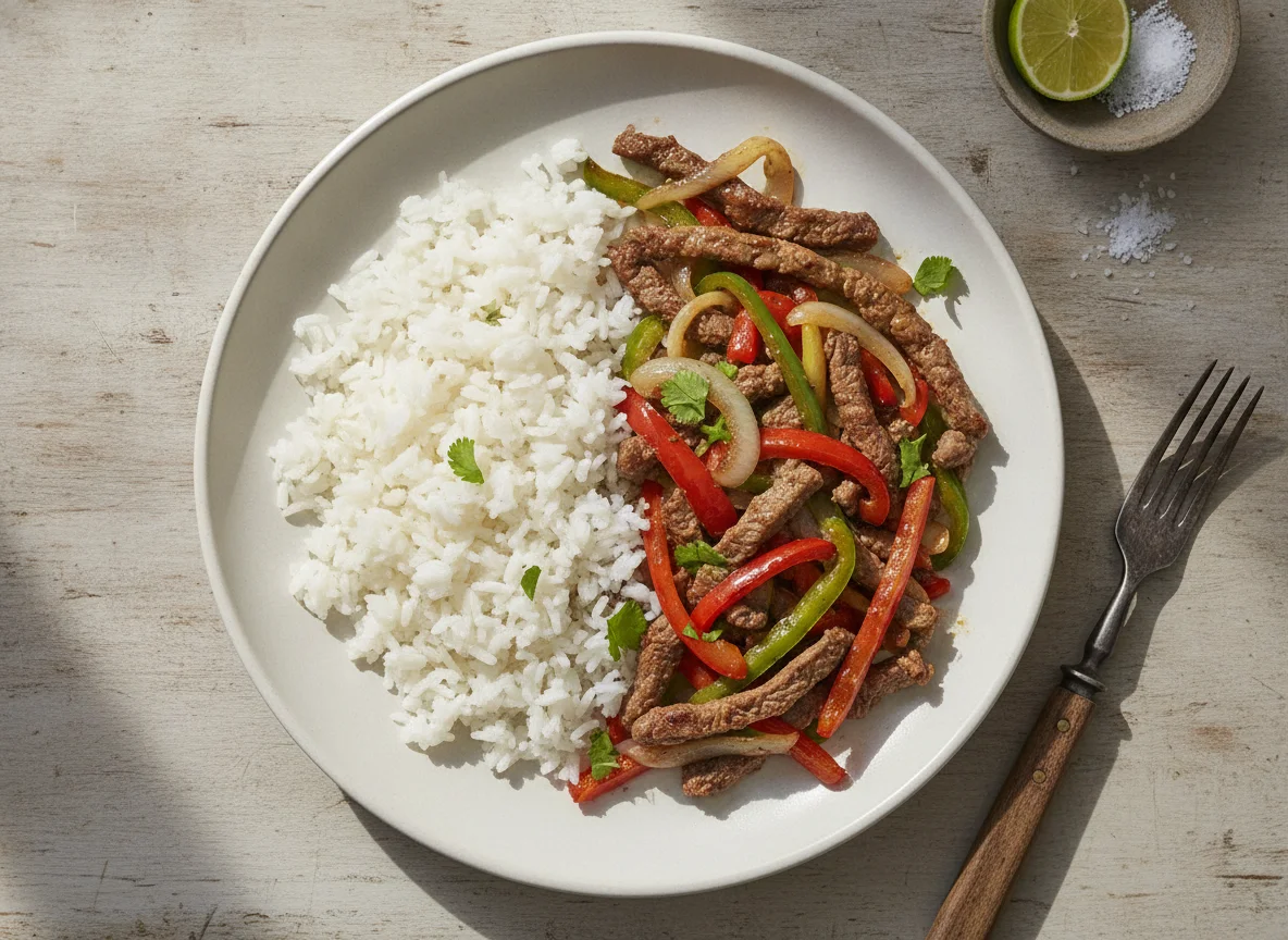 Carne salteada con arroz blanco photo