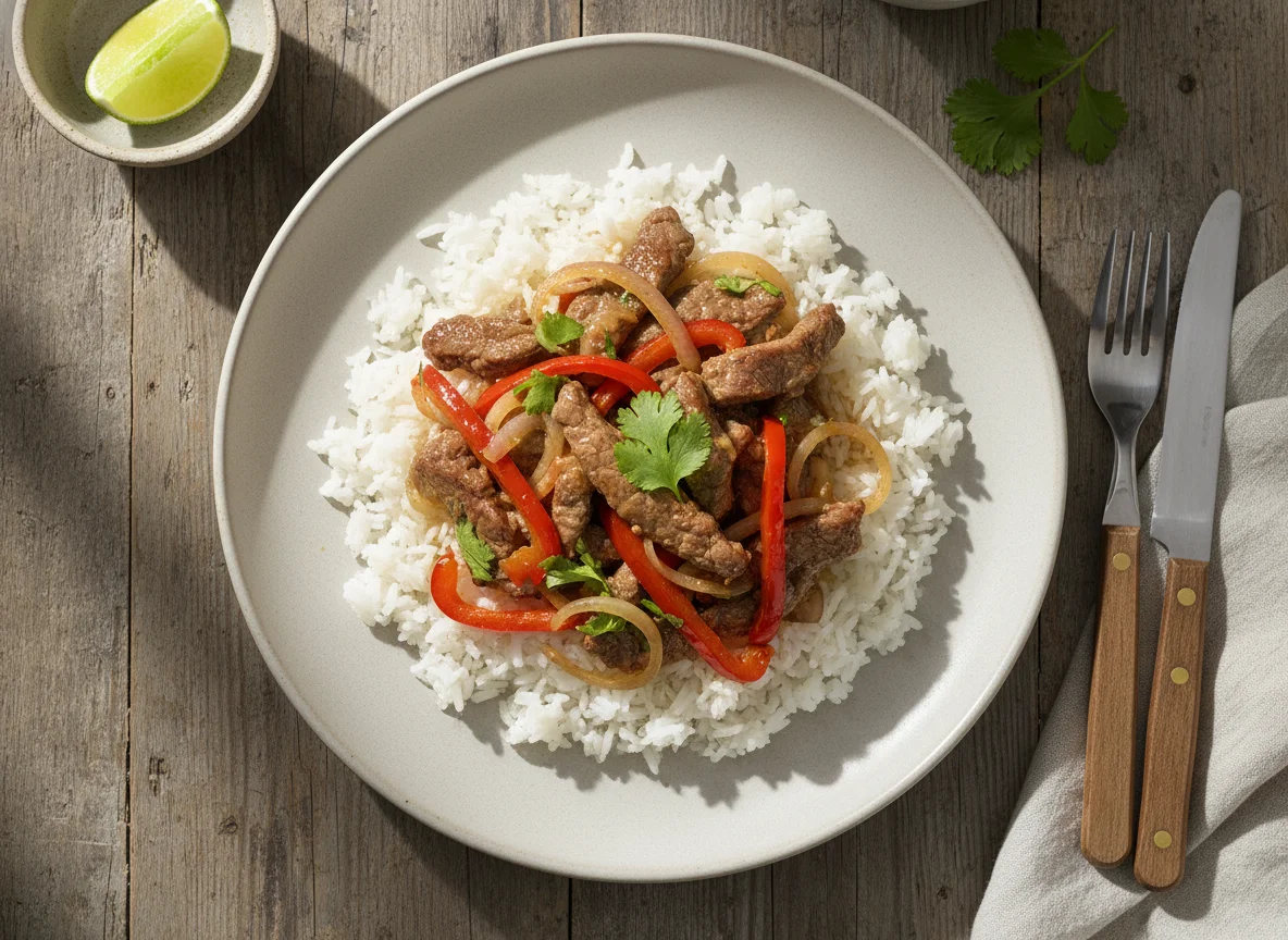 Carne salteada con arroz y vegetales photo