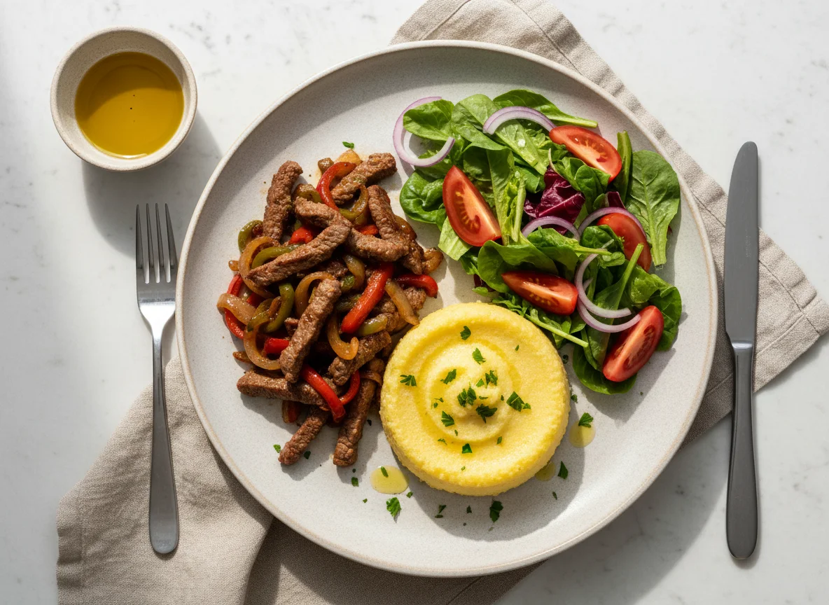 Carne salteada con ensalada y polenta photo