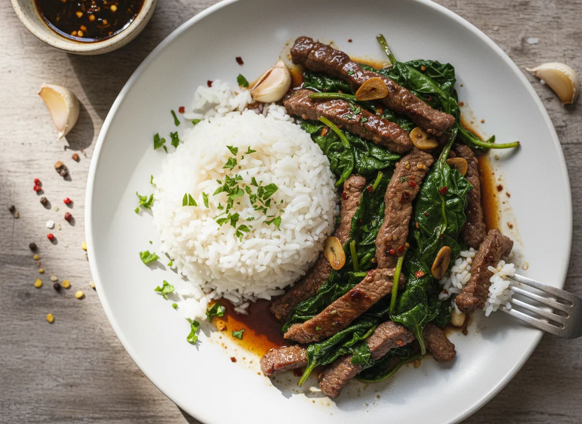 Carne salteada con espinacas y arroz photo