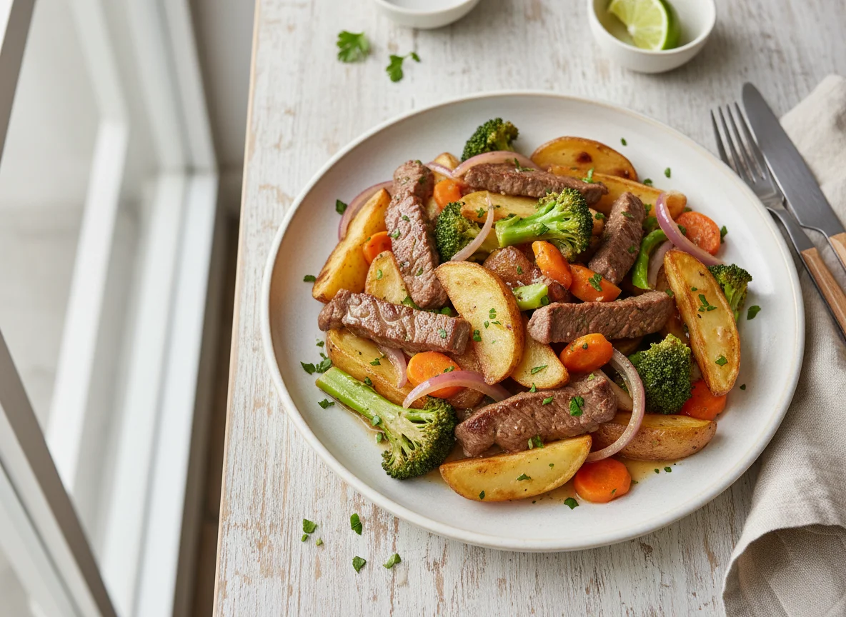 Carne salteada con papas y vegetales photo