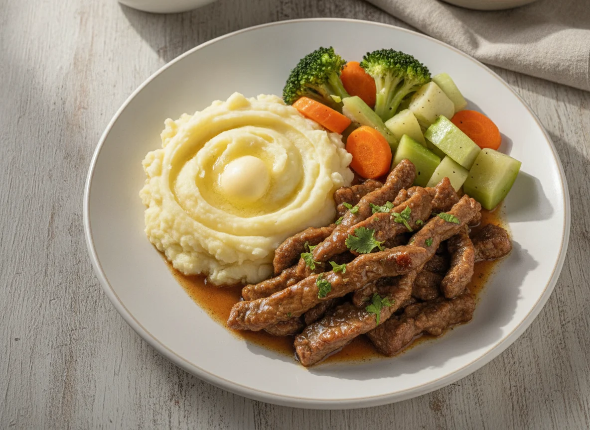 Carne salteada con puré de papas y vegetales al vapor photo