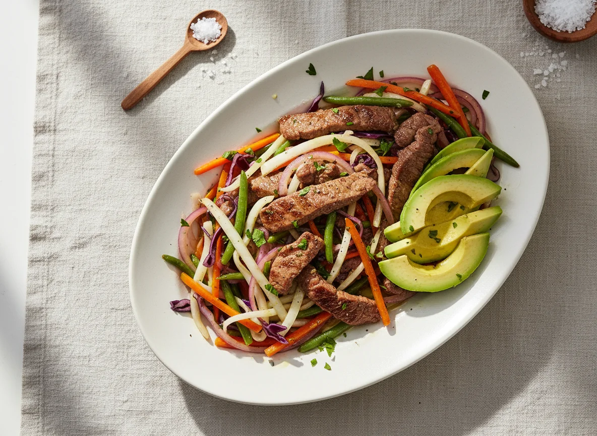 Carne salteada con vegetales y aguacate photo