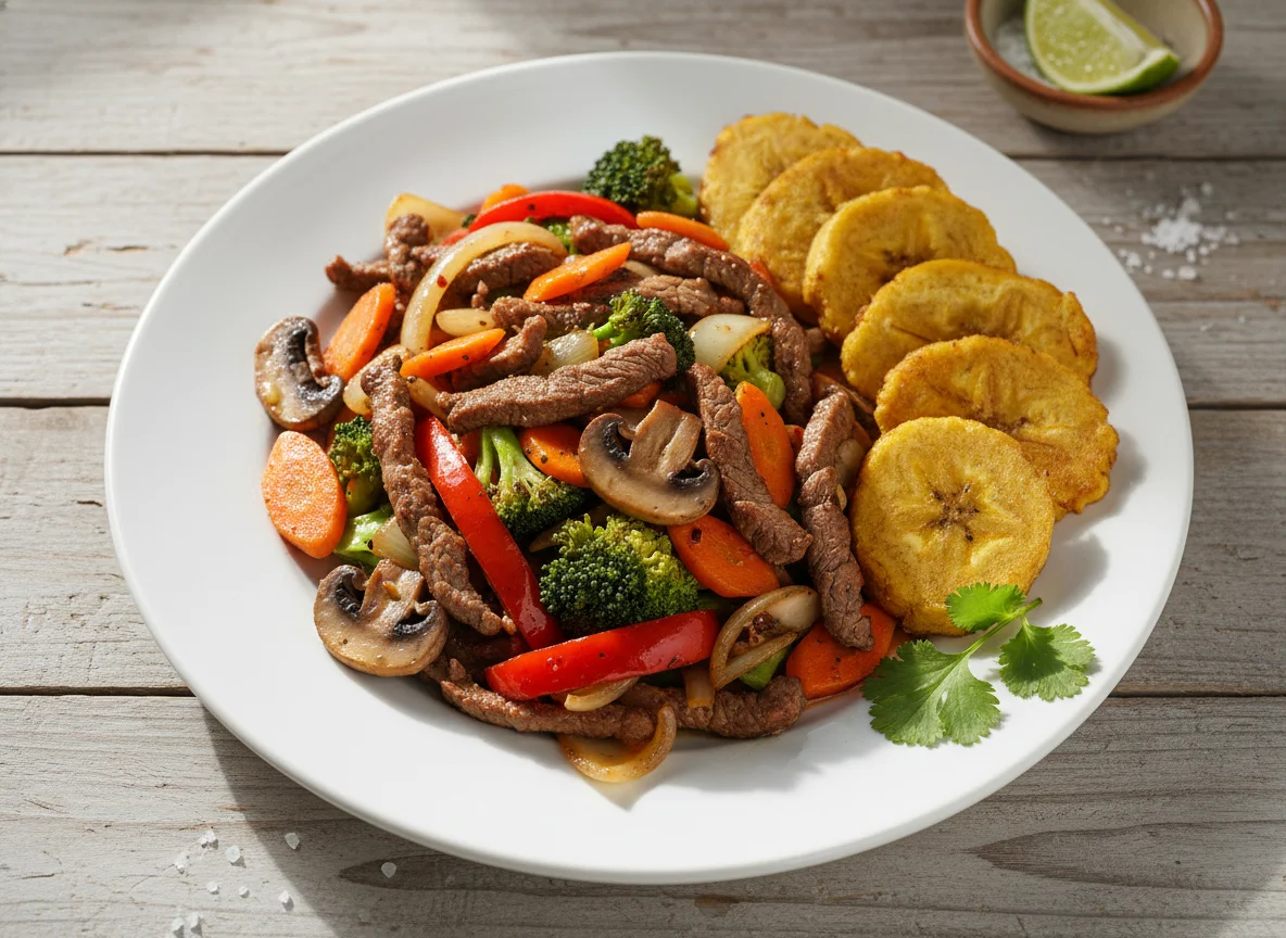 Carne salteada con vegetales y patacones photo