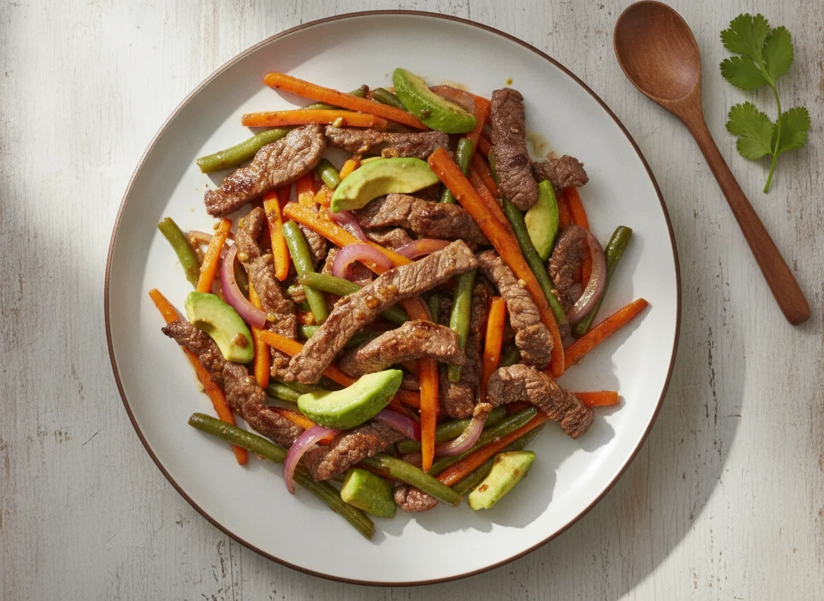 Carne salteada con verduras y aguacate photo