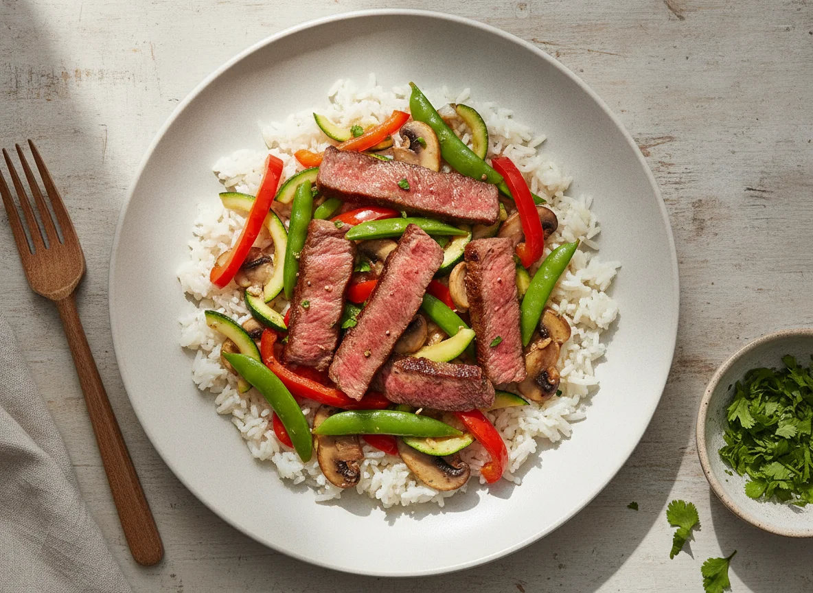 Carne salteada con verduras y arroz photo