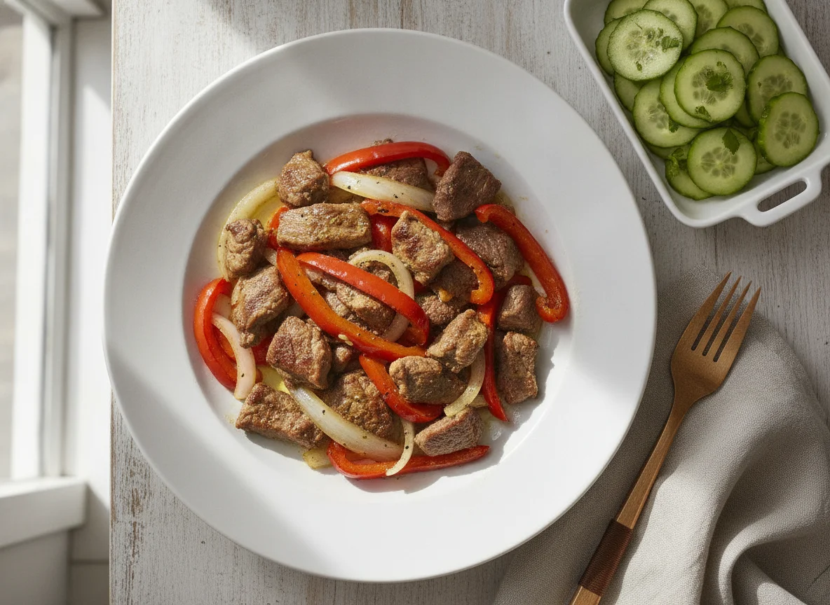 Carne salteada con verduras y ensalada de pepino photo