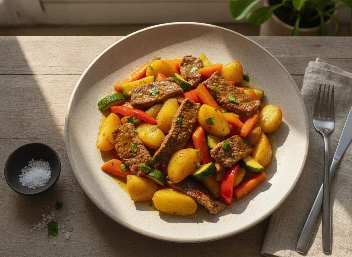 Carne salteada con verduras y papas cocidas photo