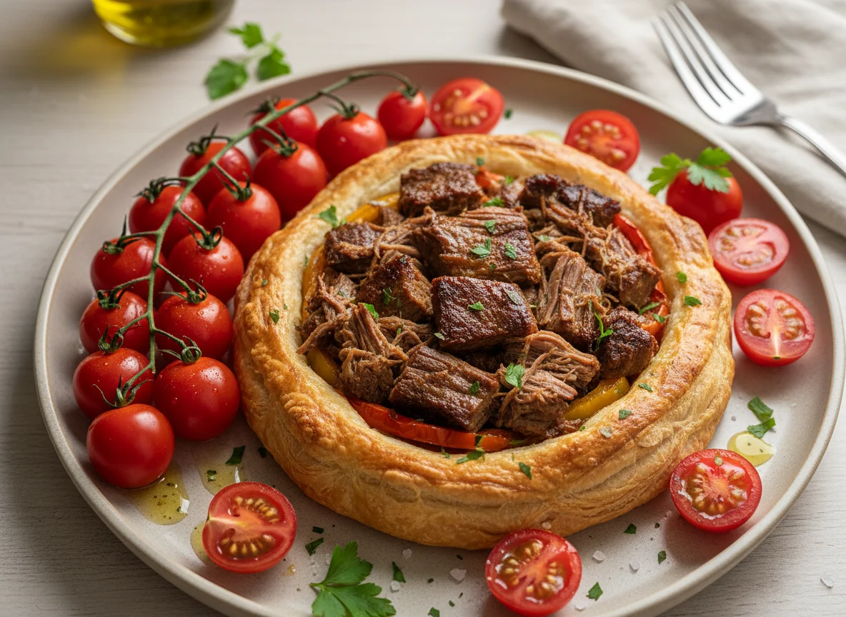Carne, tarta y tomates cherry photo