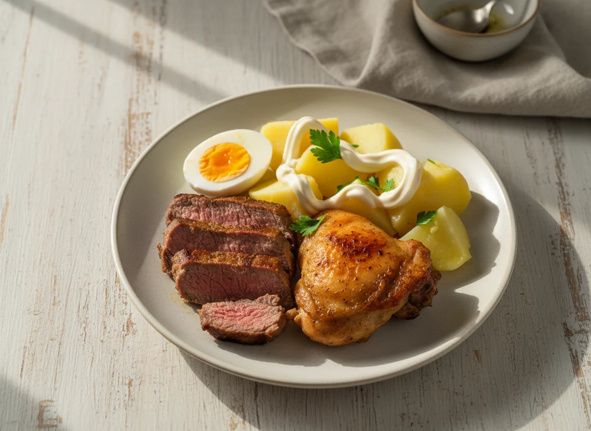 Carne y Pollo con Papas y Huevo photo