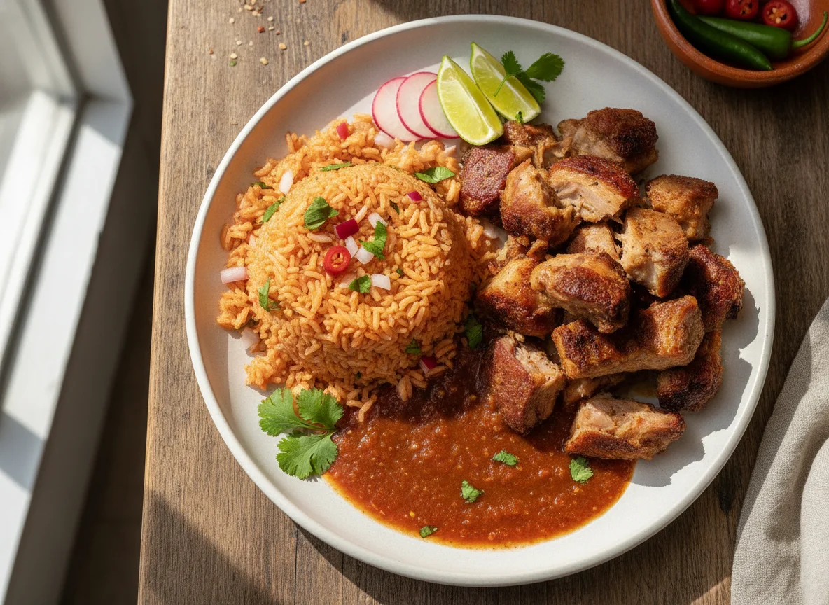 Carnitas con arroz rojo y salsa photo