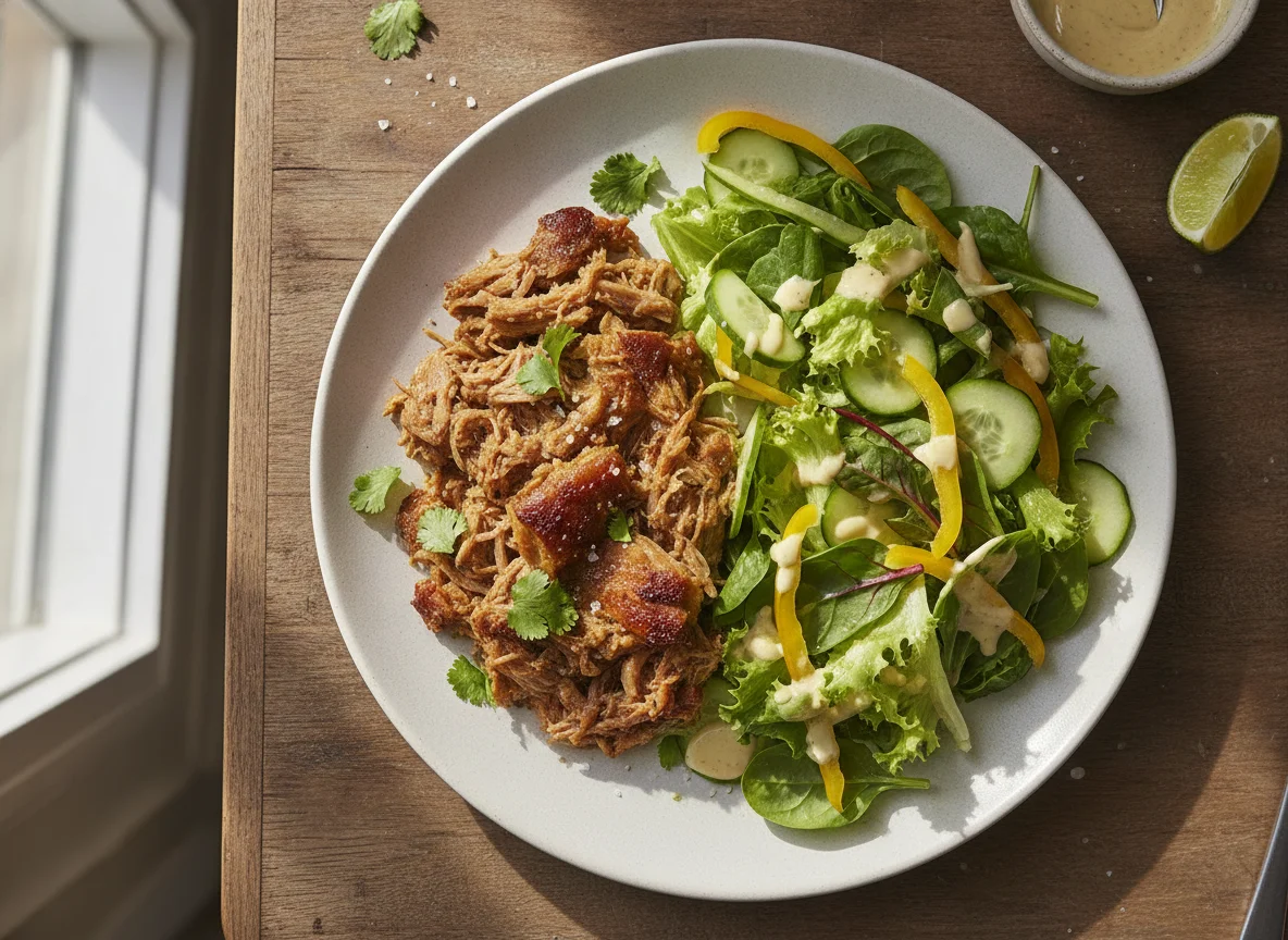 Carnitas de cerdo con ensalada mixta photo