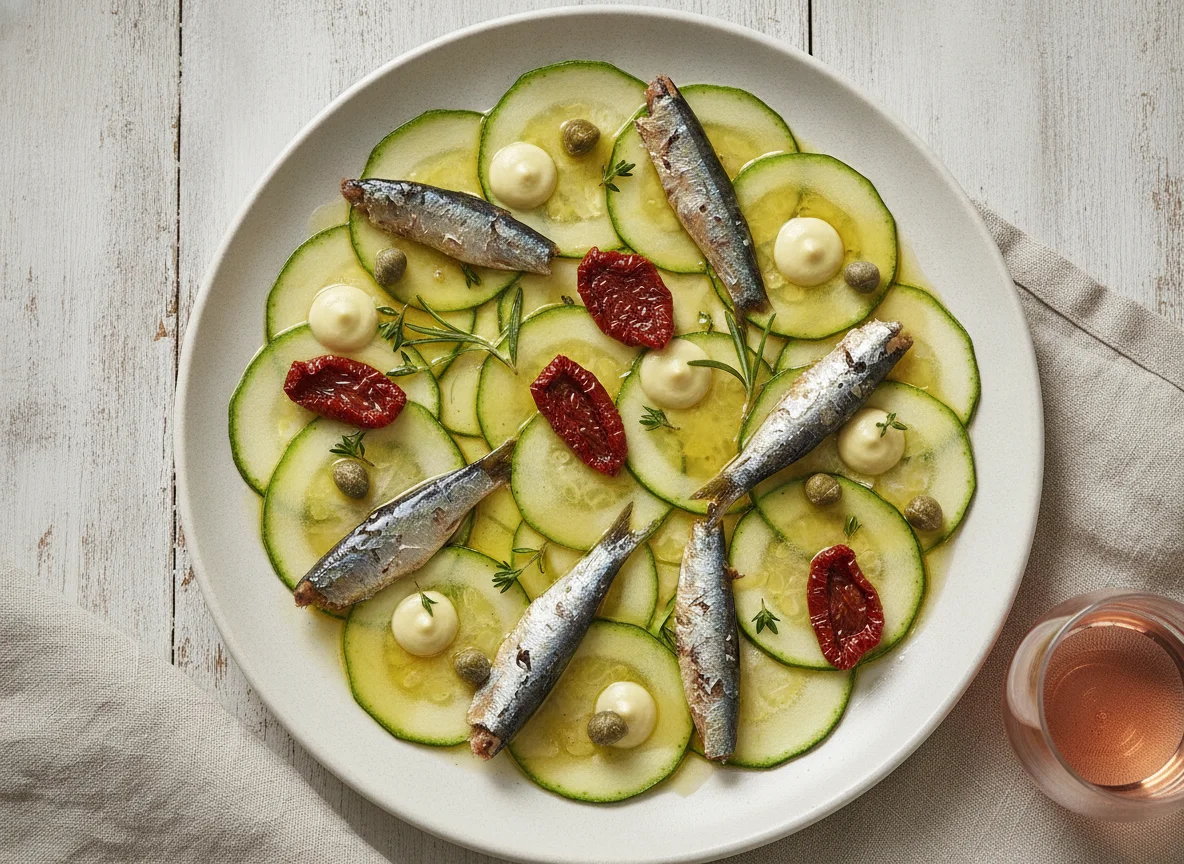 Carpaccio de calabacín con sardinas ahumadas y tomate seco photo