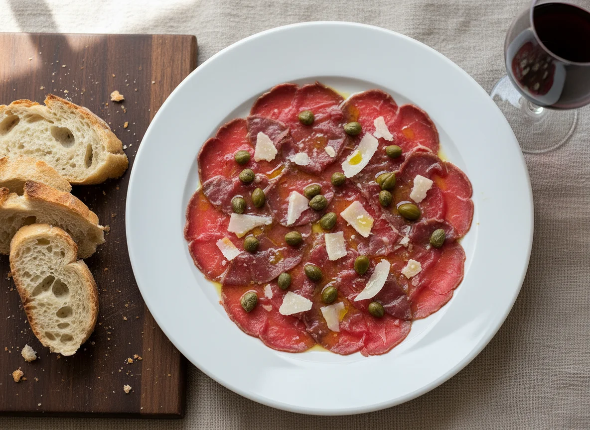 Carpaccio de lomo con alcaparras y queso photo