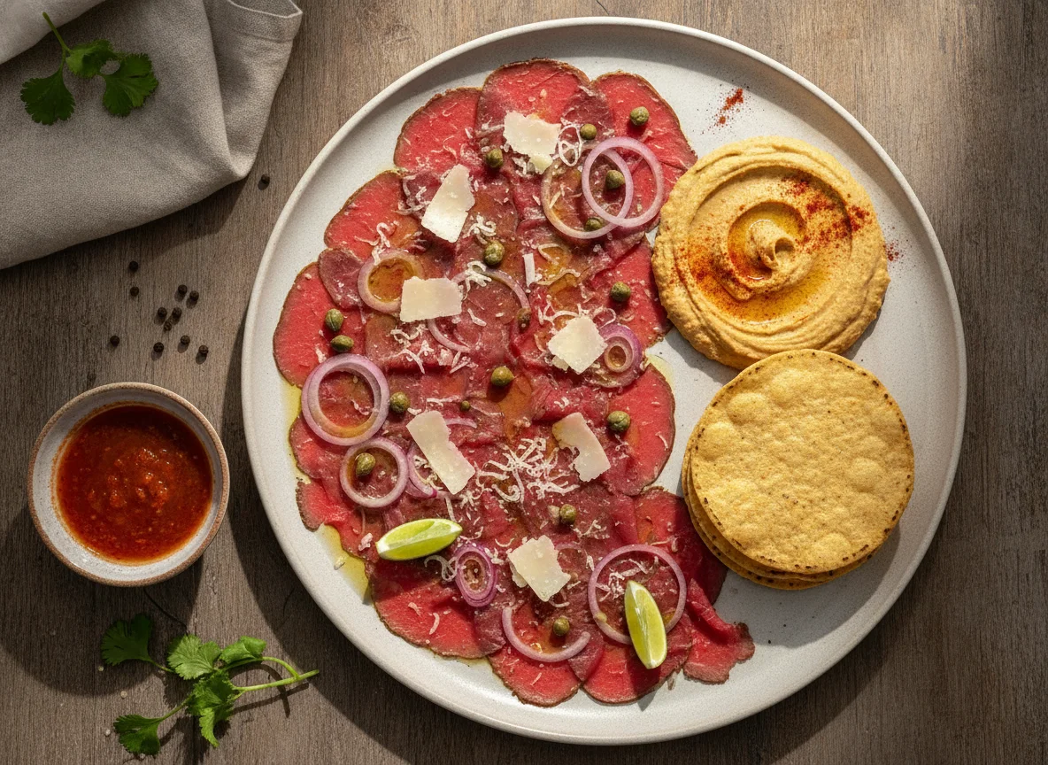 Carpaccio de res con tostadas y hummus photo