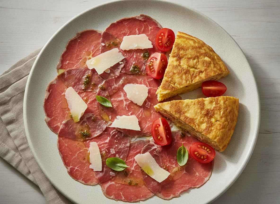 Carpaccio de ternera con queso, tortilla y tomate photo