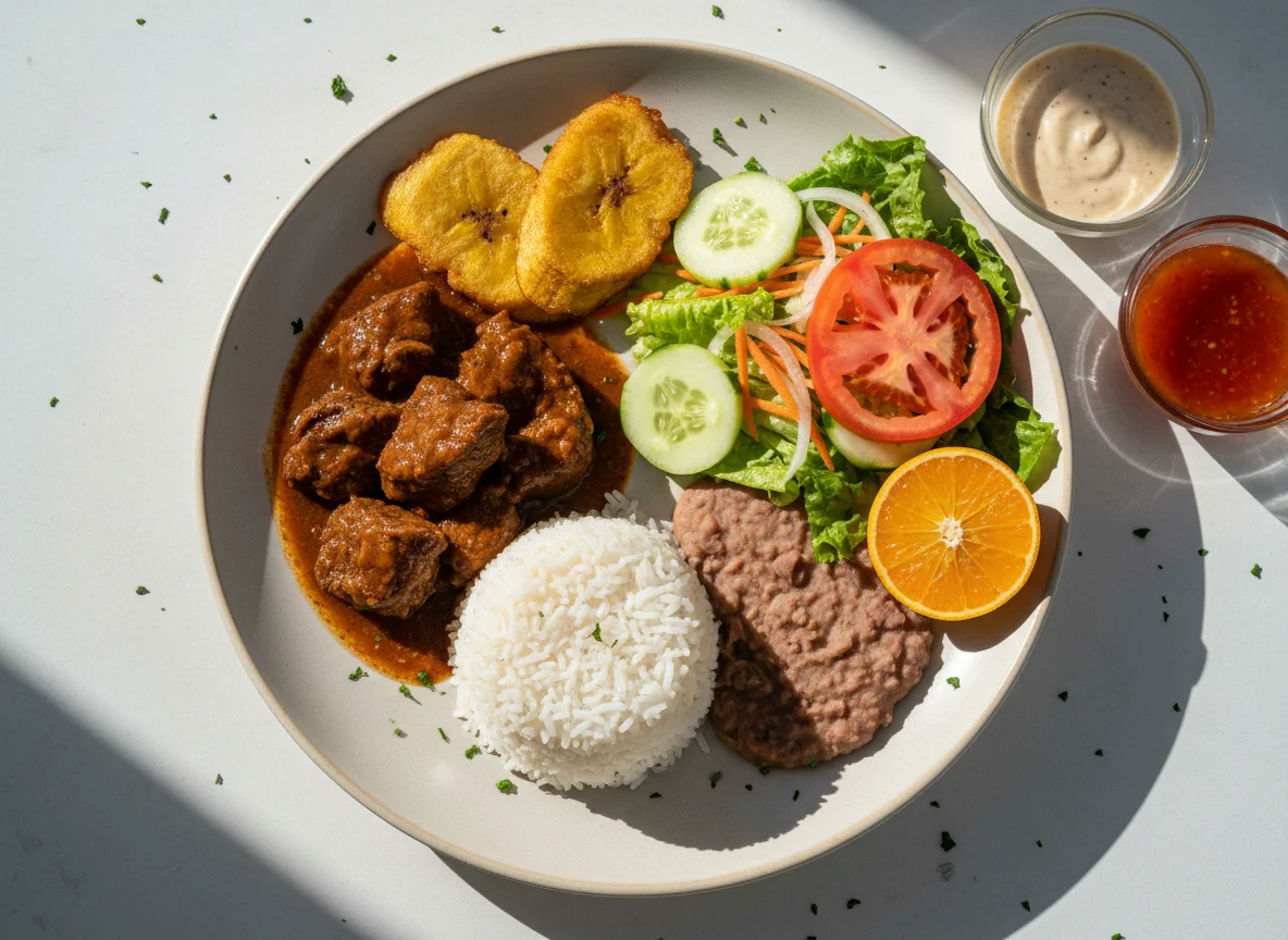 Casado con carne en salsa, patacones y ensalada photo