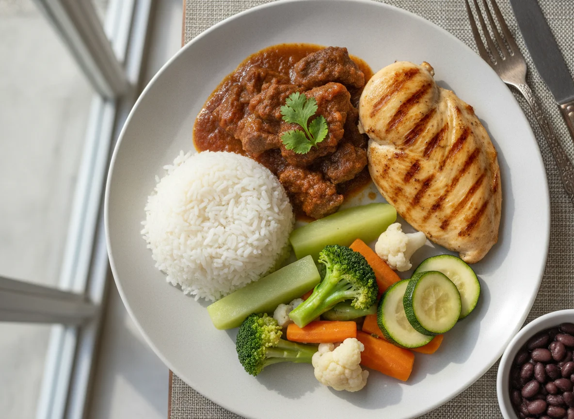 Casado con carne en salsa, pollo a la plancha, arroz y vegetales al vapor photo