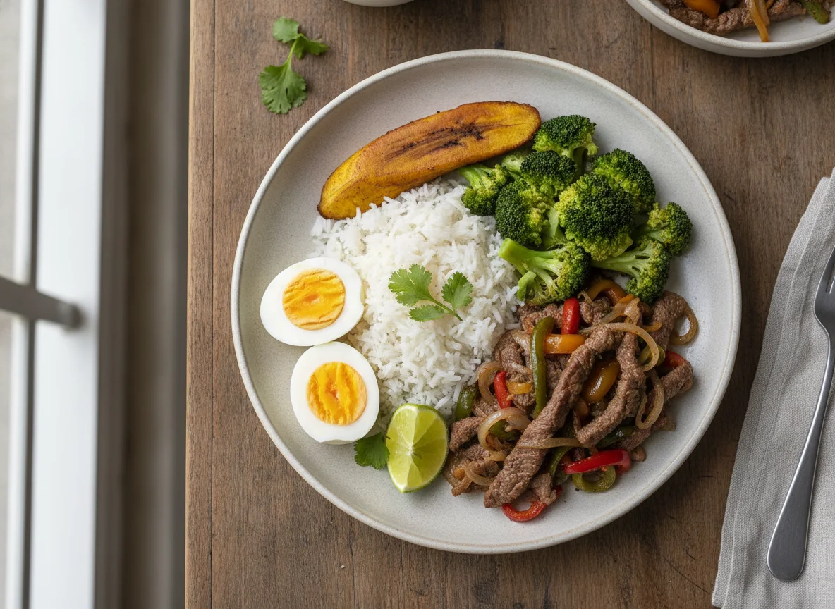 Casado con carne salteada, huevos y brócoli photo