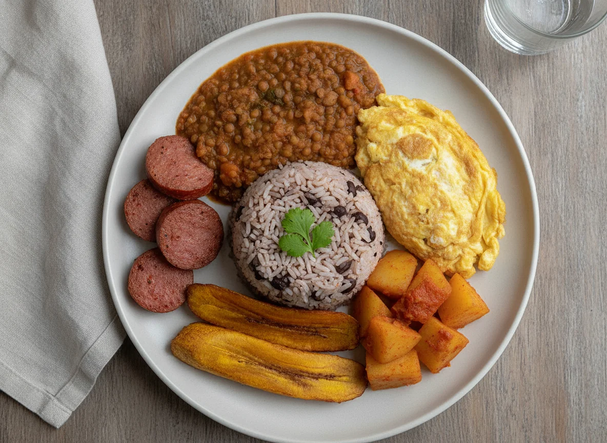 Casado con lentejas, gallo pinto y salchichón photo