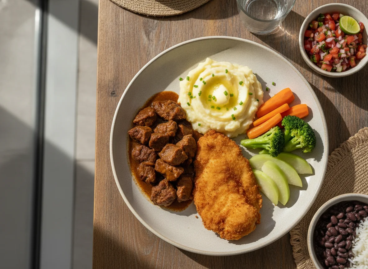 Casado con pollo empanizado y puré de papa photo