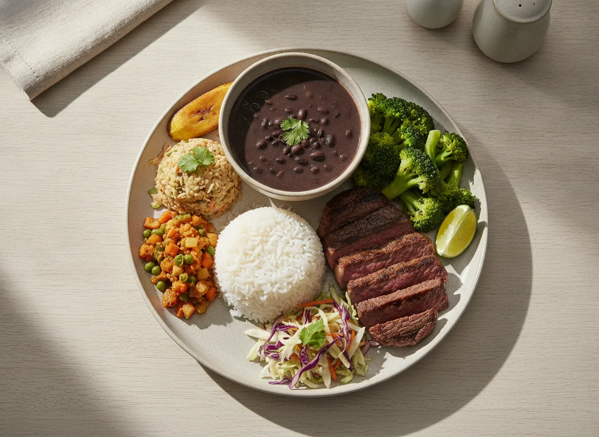 Casado costarricense con bistec y brócoli photo