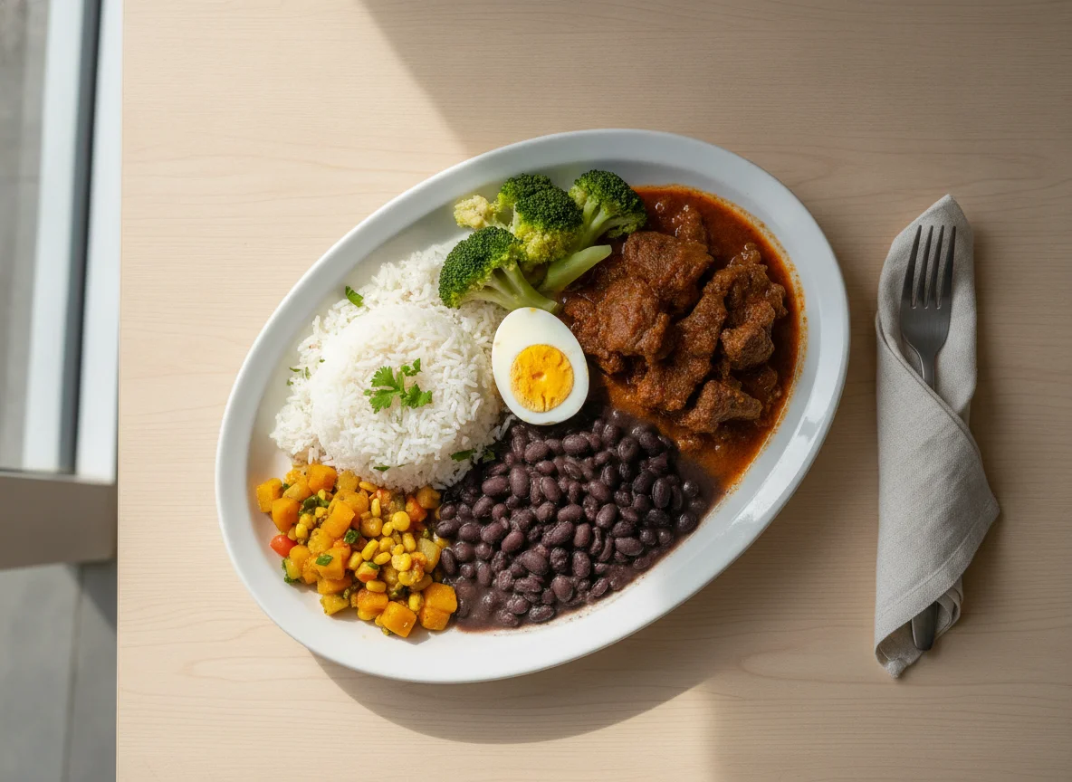 Casado costarricense con carne en salsa y huevo photo