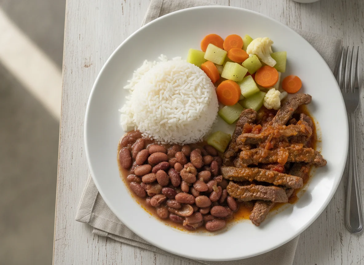Casado costarricense con carne en salsa y vegetales photo