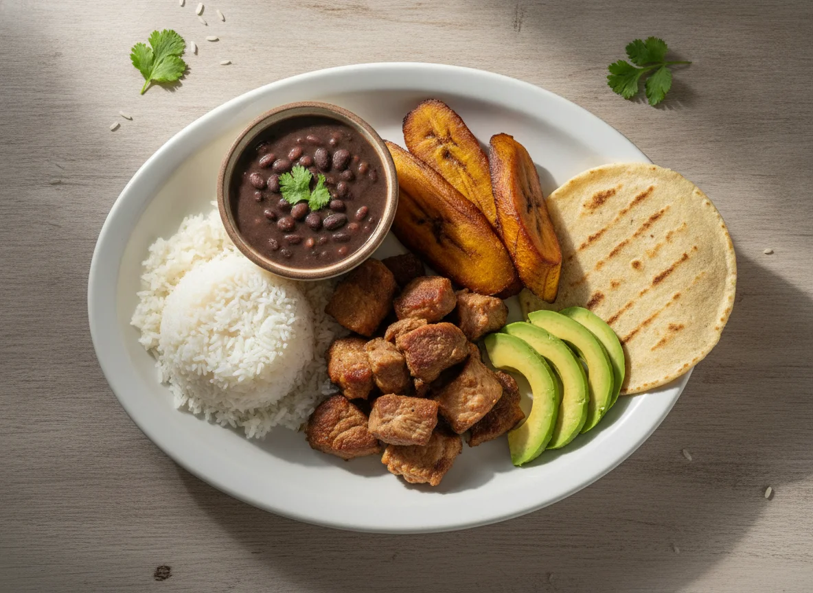 Casado costarricense con carne y tortilla photo