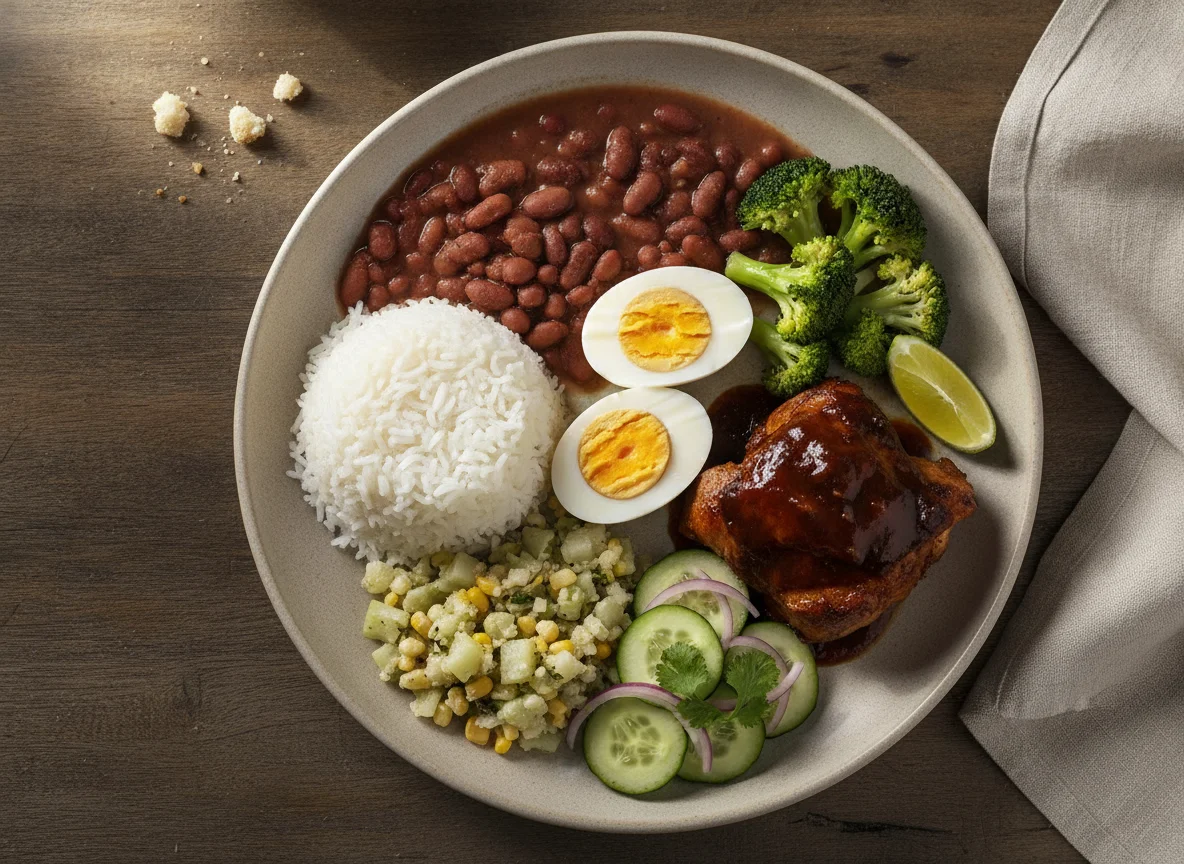 Casado costarricense con huevo y vegetales photo