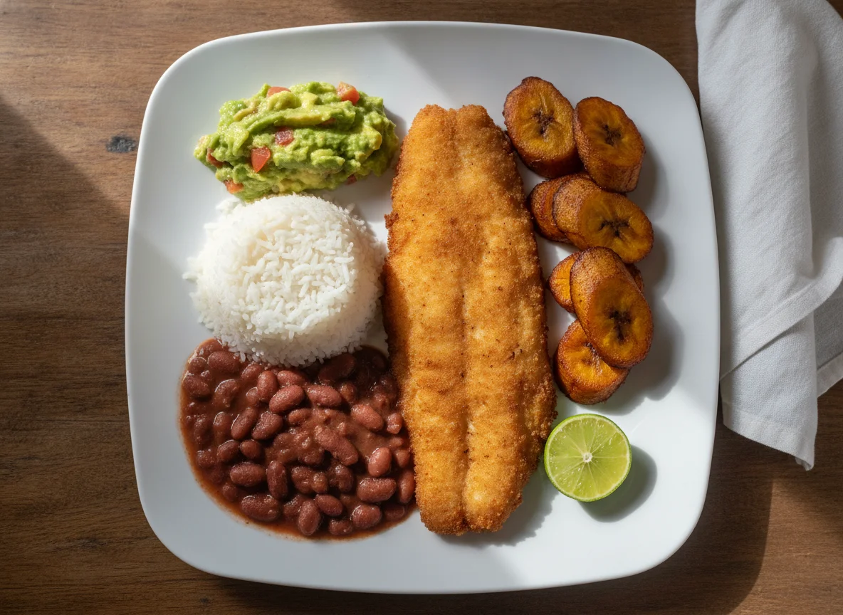 Casado costarricense con pescado empanizado photo