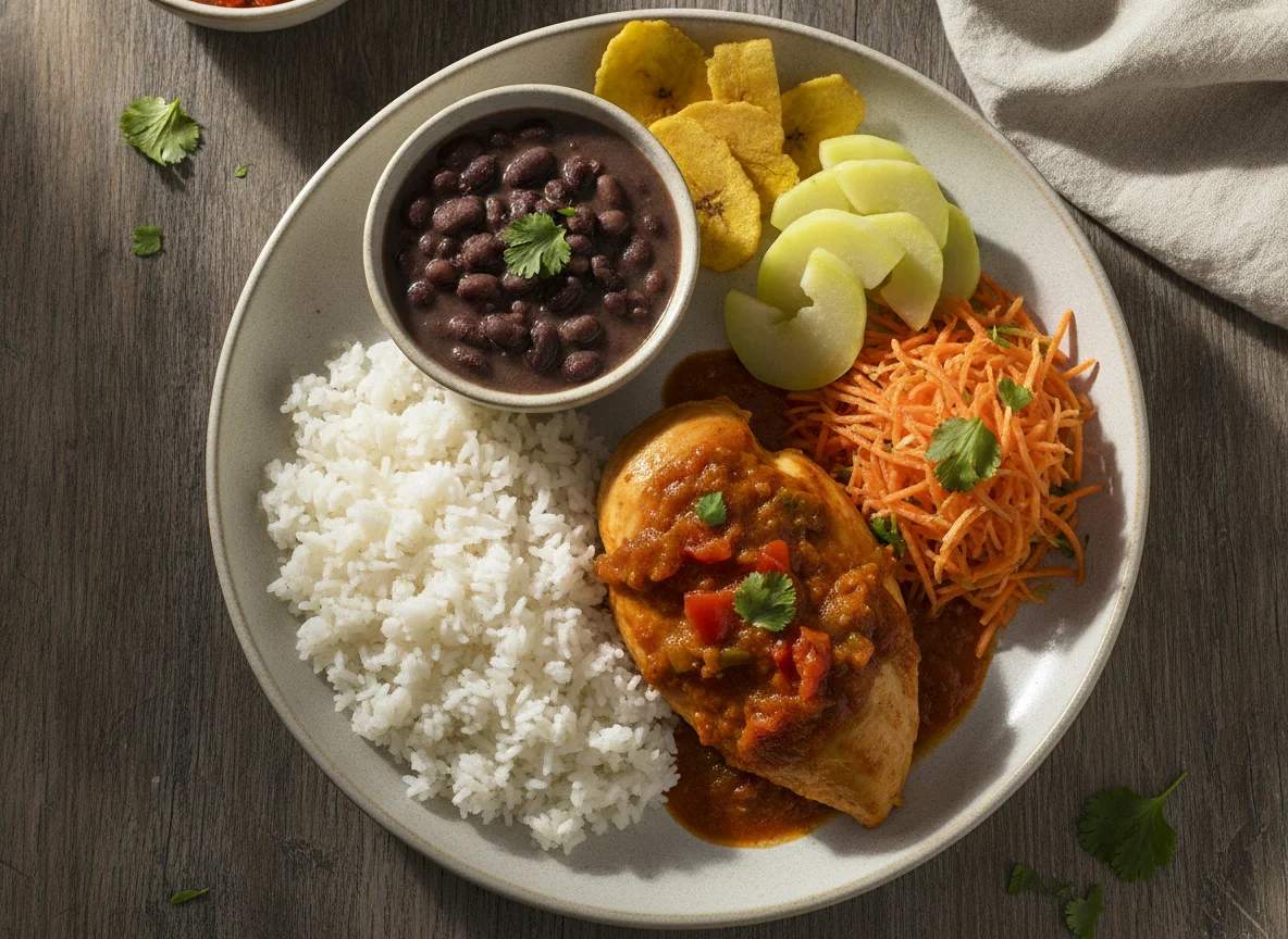 Casado costarricense con pollo en salsa, arroz, frijoles y ensalada de zanahoria photo