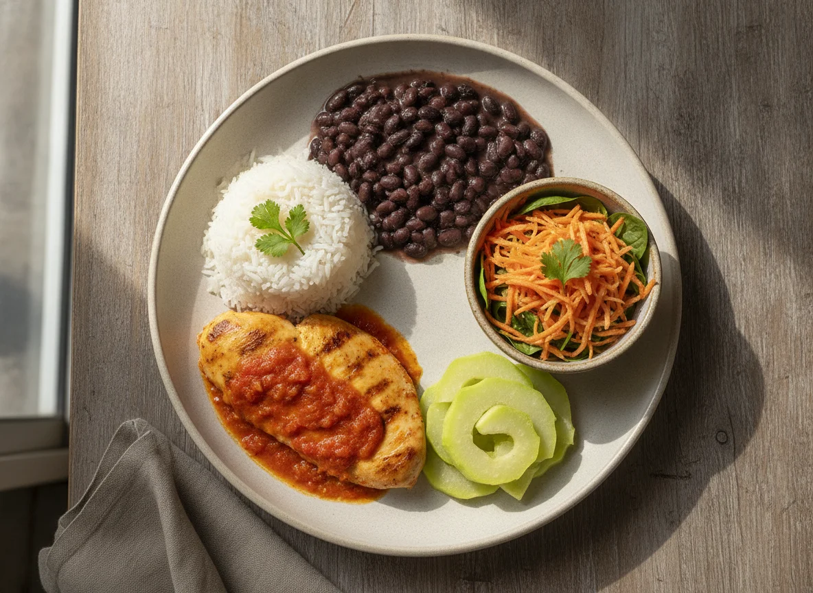 Casado costarricense con pollo y ensalada de zanahoria photo