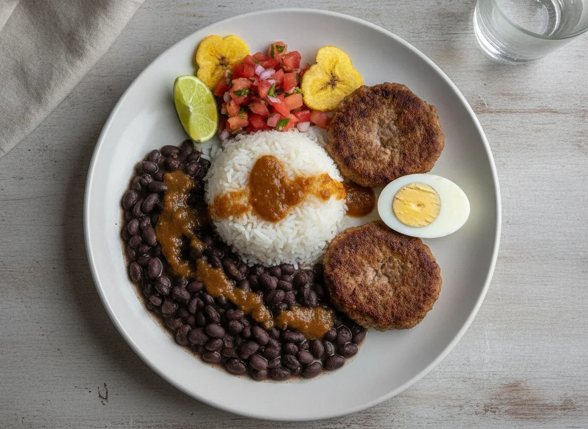 Casado costarricense con tortas de carne y huevo photo