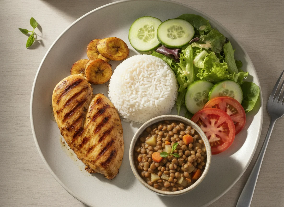 Casado de pollo con lentejas y ensalada photo