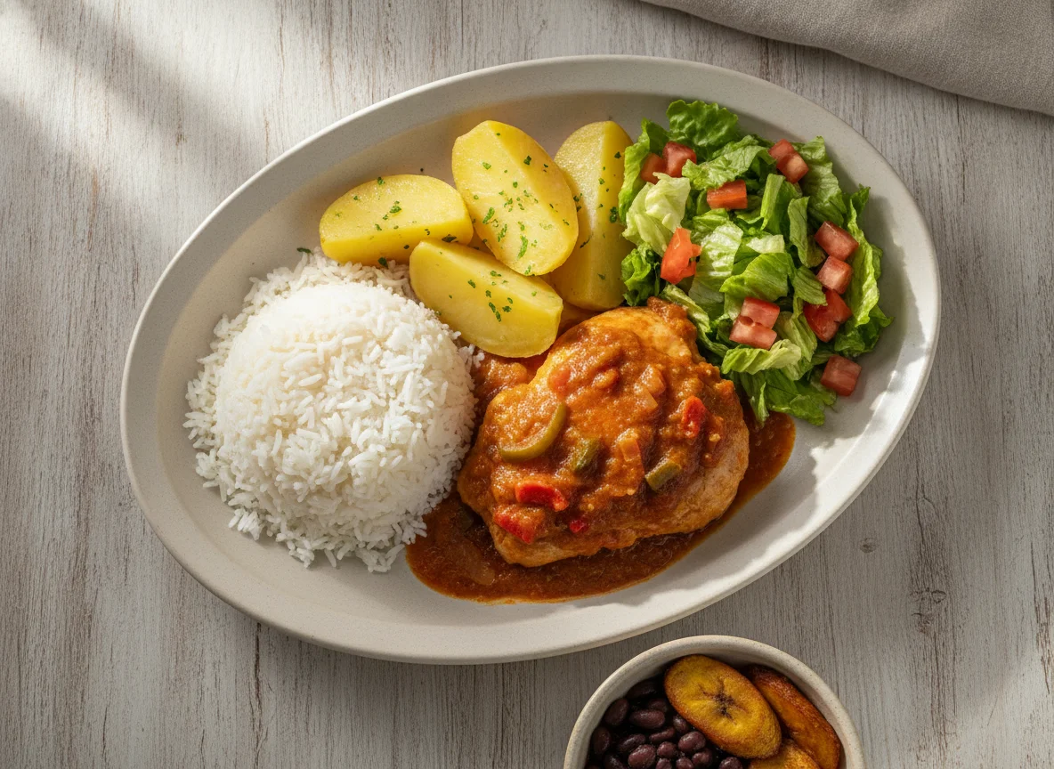 Casado de pollo con papa y ensalada photo