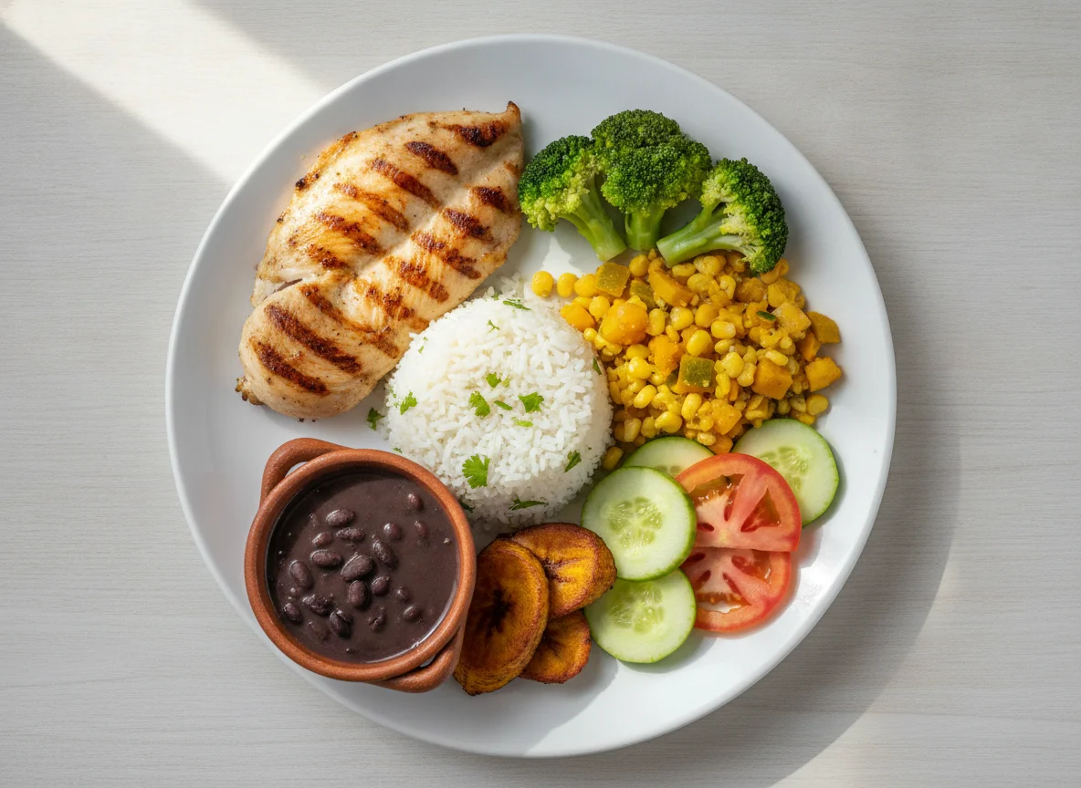 Casado de pollo con picadillo de maíz y ensalada photo