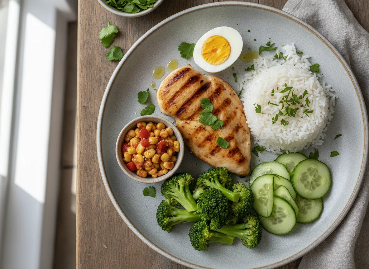 Casado saludable con pollo y huevo photo