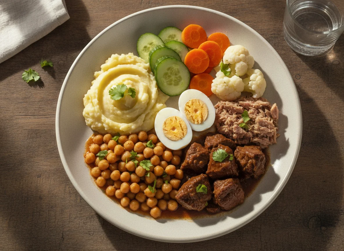 Casado variado con garbanzos, puré y huevo photo