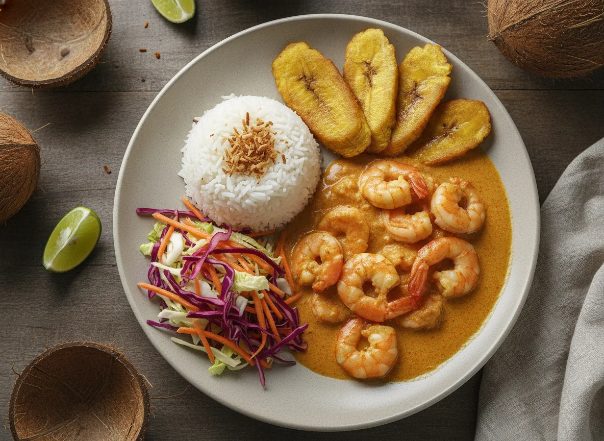 Cazuela de camarones con ensalada y patacón photo