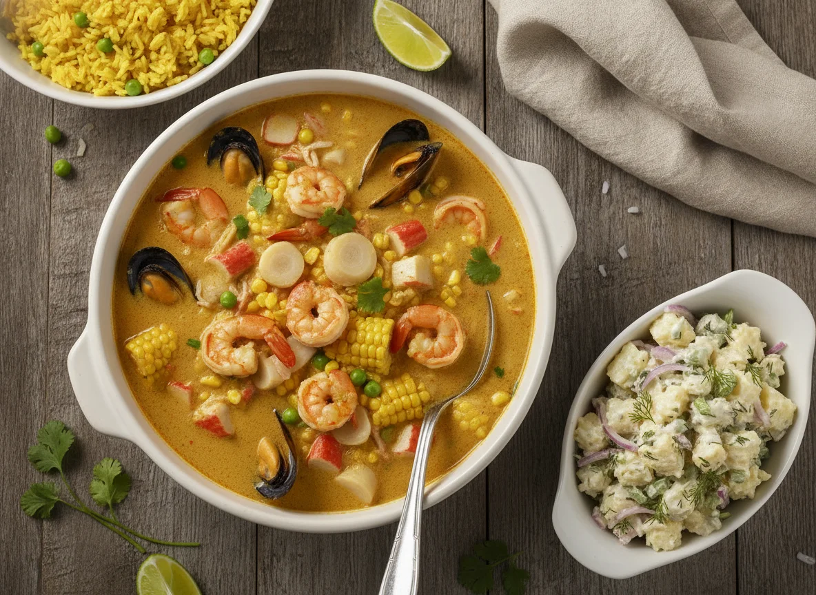 Cazuela de mariscos con arroz amarillo y ensalada de papa photo