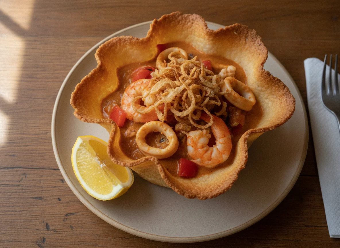 Cazuela de mariscos en canasta de queso photo