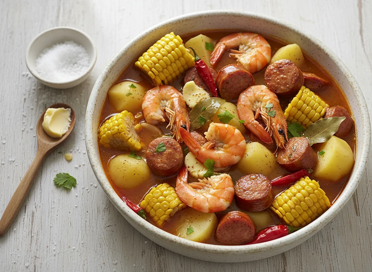 Cazuela de mariscos y salchichas photo