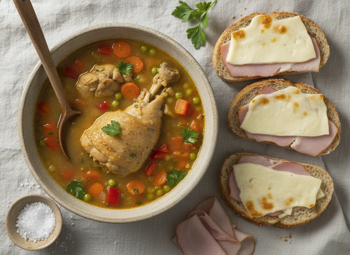 Cazuela de pollo con pan de queso y jamón photo