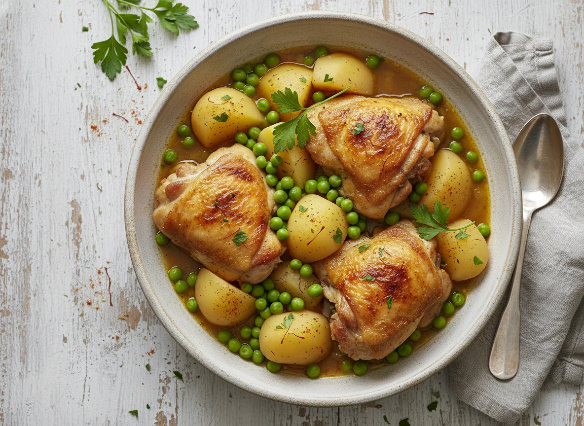 Cazuela de pollo con papas y guisantes photo