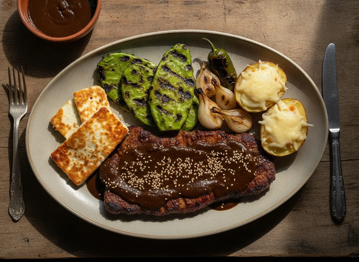 Cecina con mole, nopal y queso photo