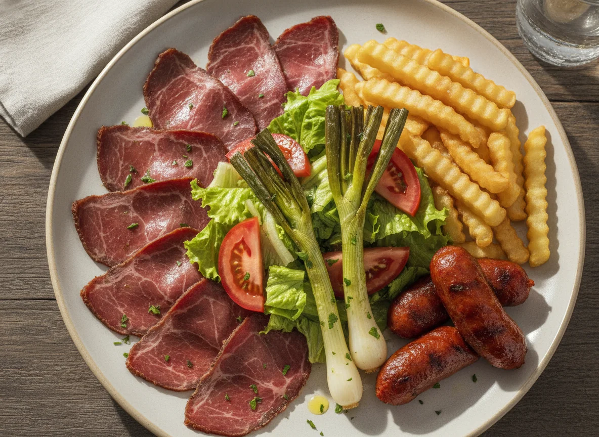 Cecina con papas fritas y ensalada photo
