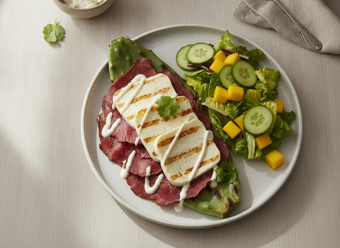 Cecina con queso panela sobre nopal y ensalada photo